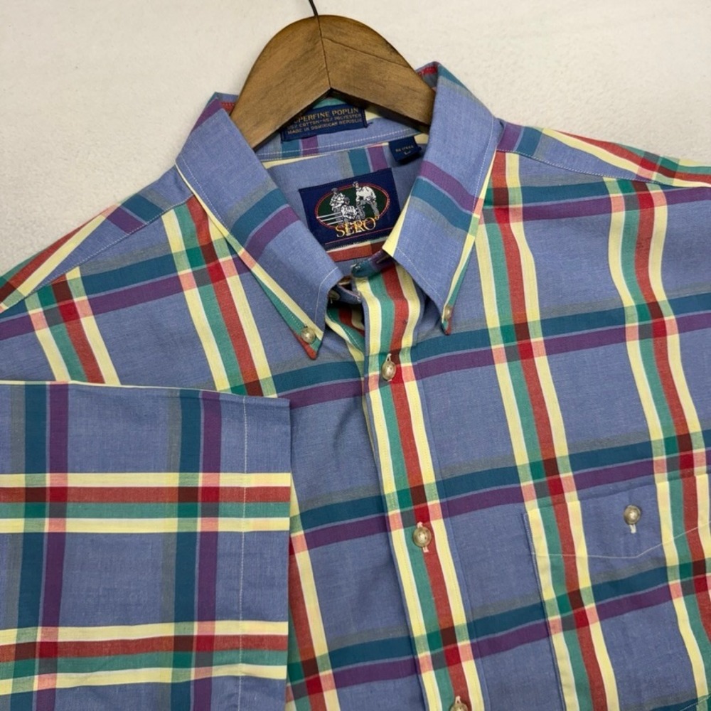 Vintage Sero Shirt Men's Large Blue Colorful Superfine Popling Oxford Madras 80s